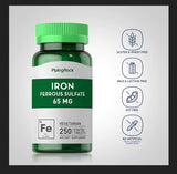 PIPING ROCK Iron Ferrous Sulfate, 65 mg, 250 Coated Tablets, Vegetarian
