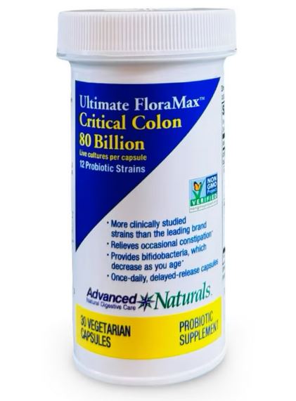 RENEW LIFE Ultimate Flora Max, Critical Colon, 80 Billion, 12 Strains Probiotic, 30 Vegetarian Capsules, Advanced Naturals