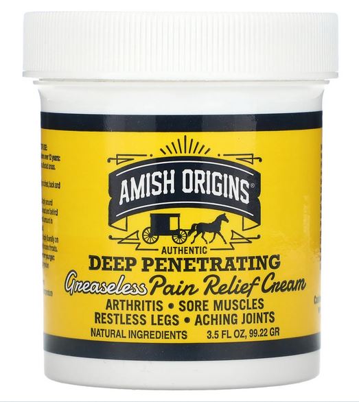 AMISH ORIGINS Deep Penetrating, Pain Relief Greaseless Cream, 3.5 fl oz (99.22 g) Tub