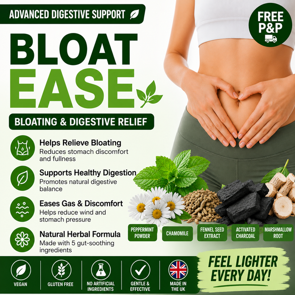 Bloat-Ease digestive support ingredients including fennel, peppermint, chamomile, marshmallow root and activated charcoal