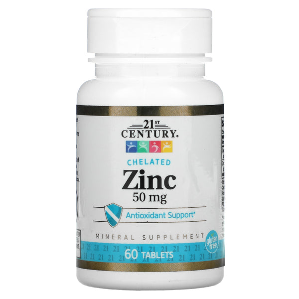 21st CENTURY Chelated Zinc, 50 mg, 60 Tablets, Mineral Supplement, Gluten Free