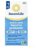 RENEW LIFE Extra Care Digestive Probiotic, 50 Billion CFU, 60 Vegetarian Capsules, 12 Diverse Strains