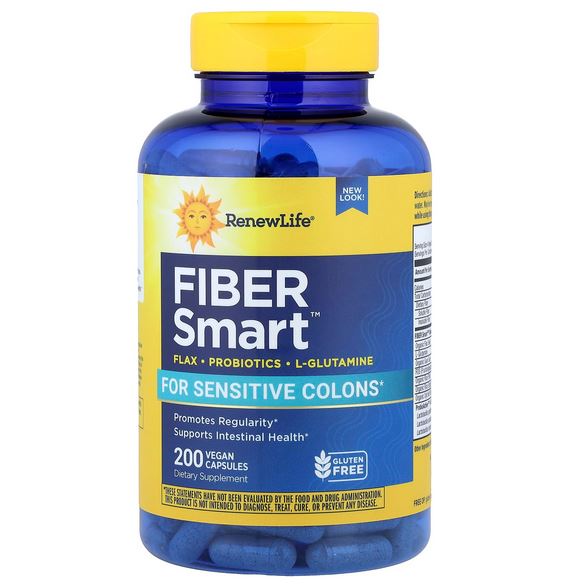 RENEW LIFE, Fiber Smart ™, 200 Vegan Capsules, For Sensitive Colons, Flax, Probiotic, Glutamine