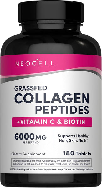 NEOCELL Grassfed Collagen Peptides + Vitamin C & Biotin, 180 Tablets