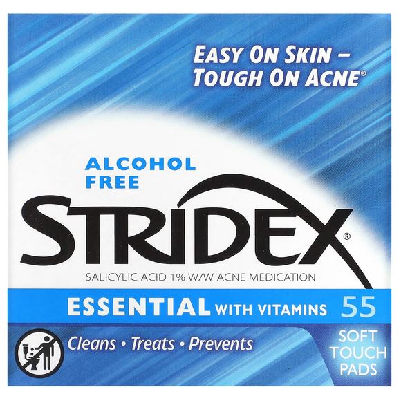 STRIDEX Essential with Vitamins, Alcohol Free, 55 Soft Touch Pads, Acne, Stridex Pads UK