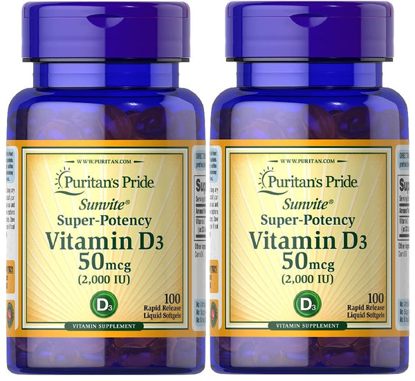 PURITAN'S PRIDE Sunvite Vitamin D, D3 2000iu, 100 Softgel Capsules, (2 PACK BARGAIN BUNDLE)