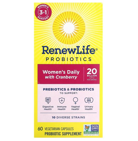 RENEW LIFE, Probiotics, Women's Daily with Cranberry, 20 Billion CFU, 60 Vegetarian Capsules