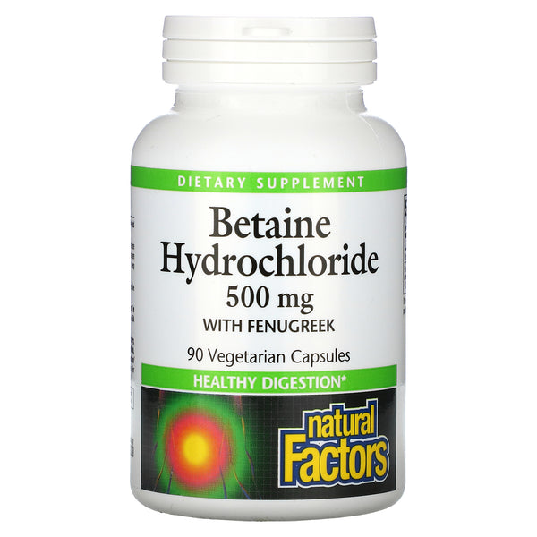 NATURAL FACTORS, Betaine Hydrochloride with Fenugreek, HCL, 500mg - 90 VEGETARIAN CAPSULES