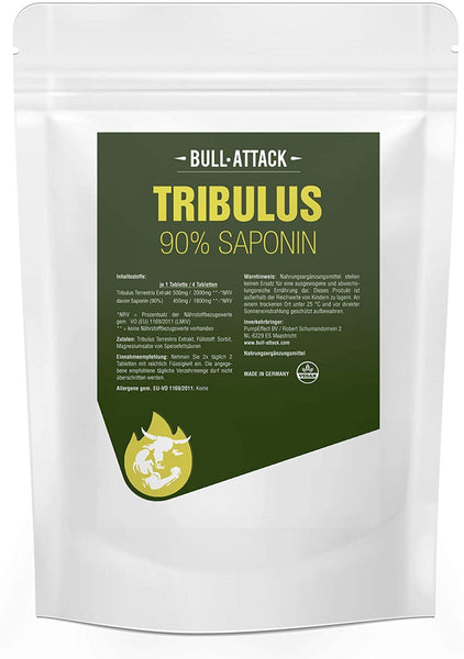 BULL ATTACK Tribulus Terrestris, 250 Tablets Pack, VEGAN,  (2000mg serving per 4 tablets), 90% Saponins