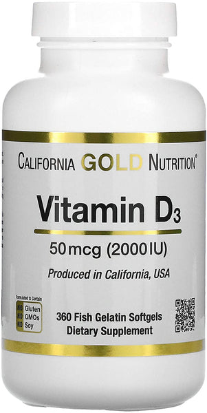 CALIFORNIA GOLD NUTRITION Vitamin D, D3, 2000iu  360 Fish Gelatin Softgel Capsules