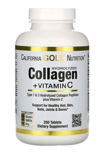 CALIFORNIA GOLD Hydrolysed Collagen Peptides - 1000mg per Tablet + Vitamin C, Hydrolyzed, 250 TABLETS, Type 1 and 3