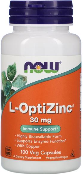 NOW L-OptiZinc 30mg 100 Vegetarian Vegan Capsules