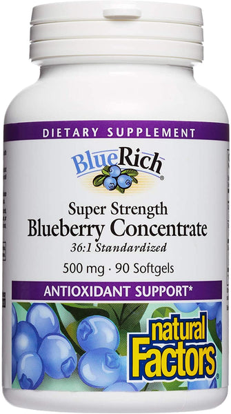 NATURAL FACTORS Blue Rich 500mg, 90 SOFTGEL CAPSULES (Super Strength Blueberry Concentrate)