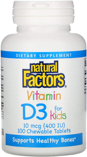 NATURAL FACTORS, Vitamin D3 for Kids, 100 Chewable TABLETS - Strawberry Flavor, 10 mcg (400 IU) - VEGETARIAN