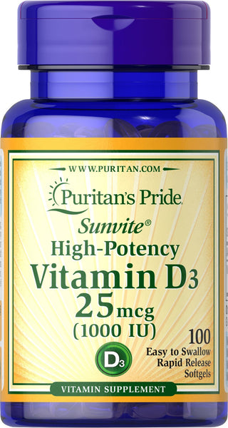 PURITAN'S PRIDE Sunvite Vitamin D, D3 1000iu, 100 Softgel Capsules