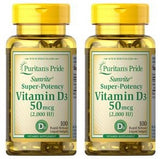 PURITAN'S PRIDE Sunvite Vitamin D, D3 2000iu, 100 Softgel Capsules, (2 PACK BARGAIN BUNDLE)